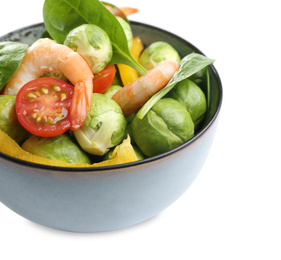 Tasty salad with Brussels sprouts in bowl isolated on white, closeup