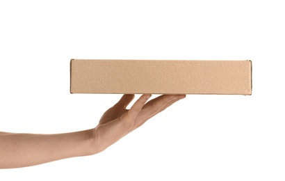 Photo of Woman holding cardboard pizza box on white background