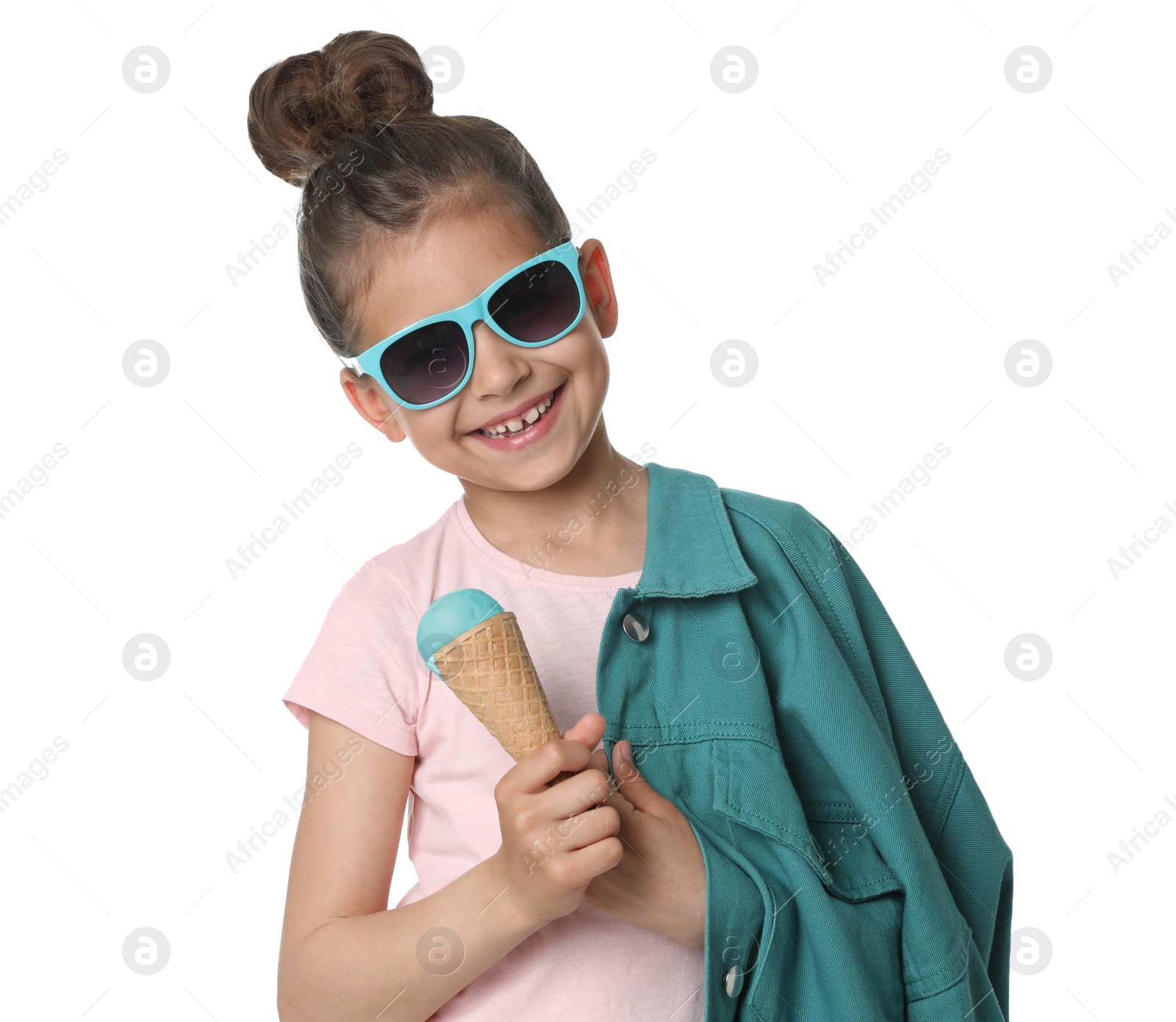 Photo of Adorable little girl with delicious ice cream on white background