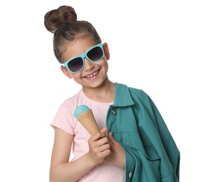 Adorable little girl with delicious ice cream on white background