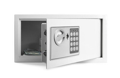 Open steel safe with money isolated on white