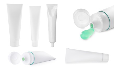 Image of Collage with different toothpastes on white background