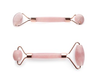 Image of Natural rose quartz face rollers on white background, collage 