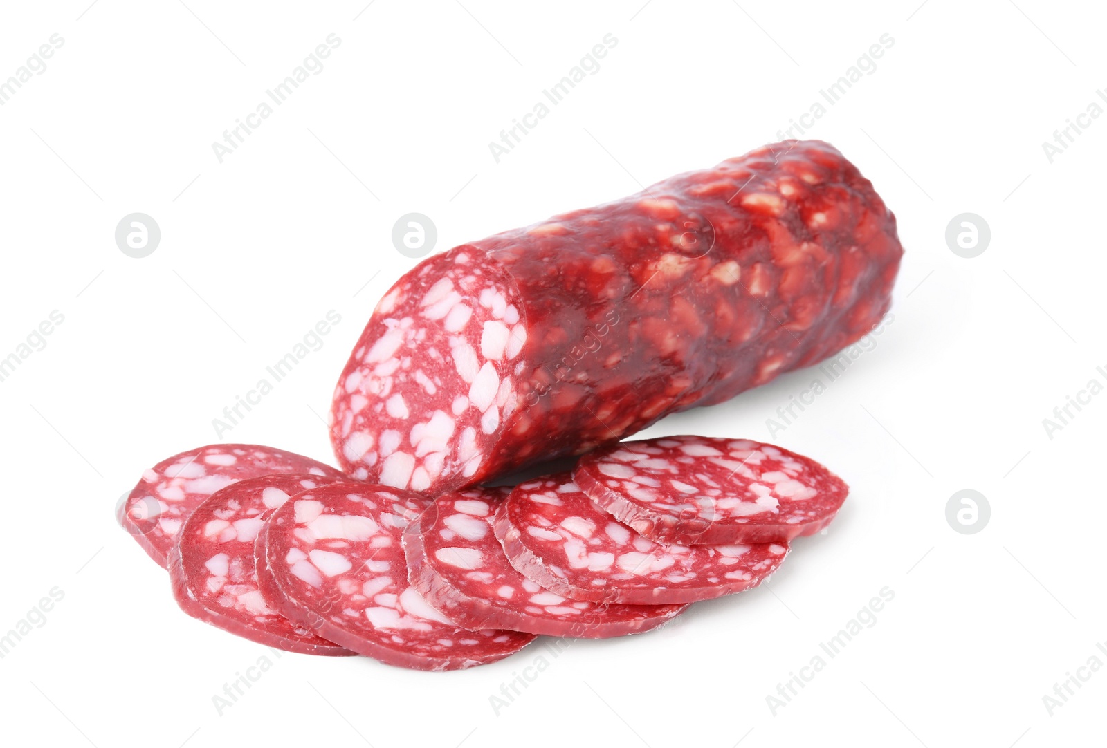 Photo of Delicious cut smoked sausage isolated on white