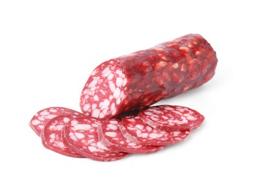 Photo of Delicious cut smoked sausage isolated on white