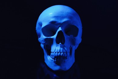 Photo of Blue human skull with teeth on black background