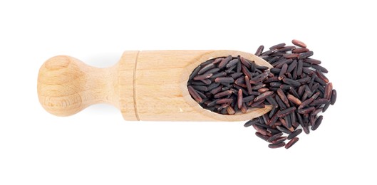 Photo of Scoop with raw black rice isolated on white, top view