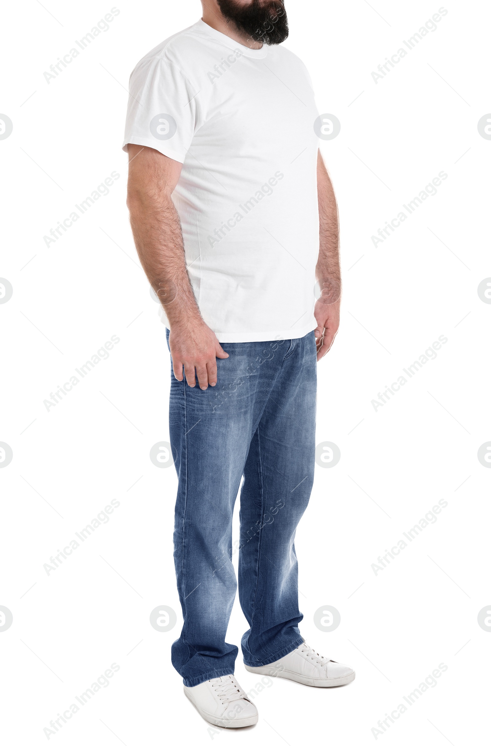 Photo of Overweight man isolated on white, closeup. Weight loss