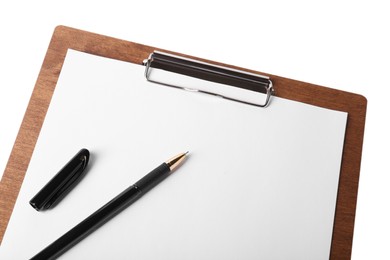 Photo of Wooden clipboard with sheet of paper and pen isolated on white