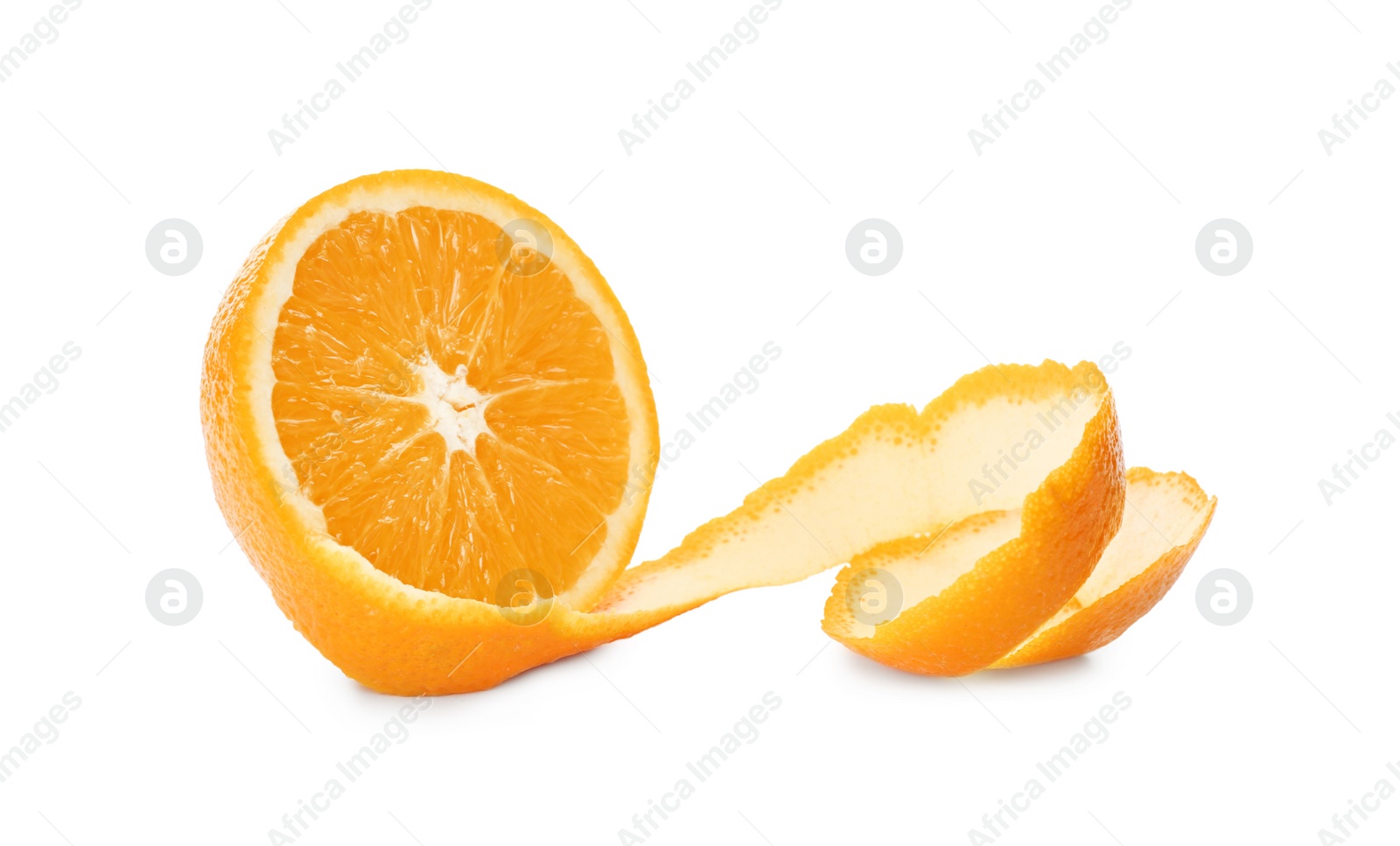 Photo of Half of orange fruit with peel on white background