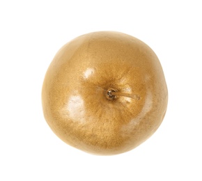 Photo of Shiny stylish gold apple on white background, top view