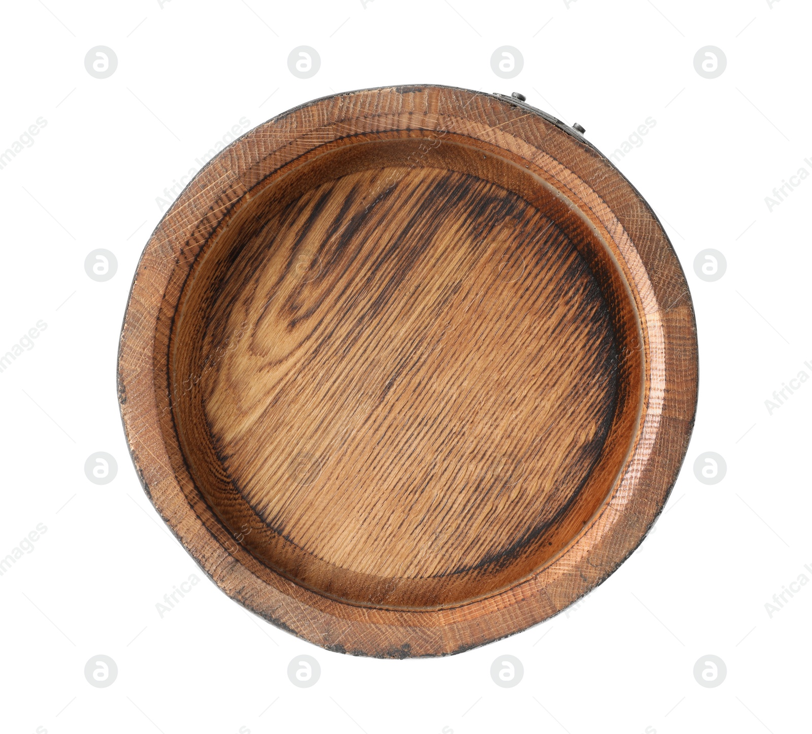 Photo of One wooden barrel isolated on white, top view