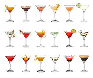 Image of Set with different martini cocktails on white background 