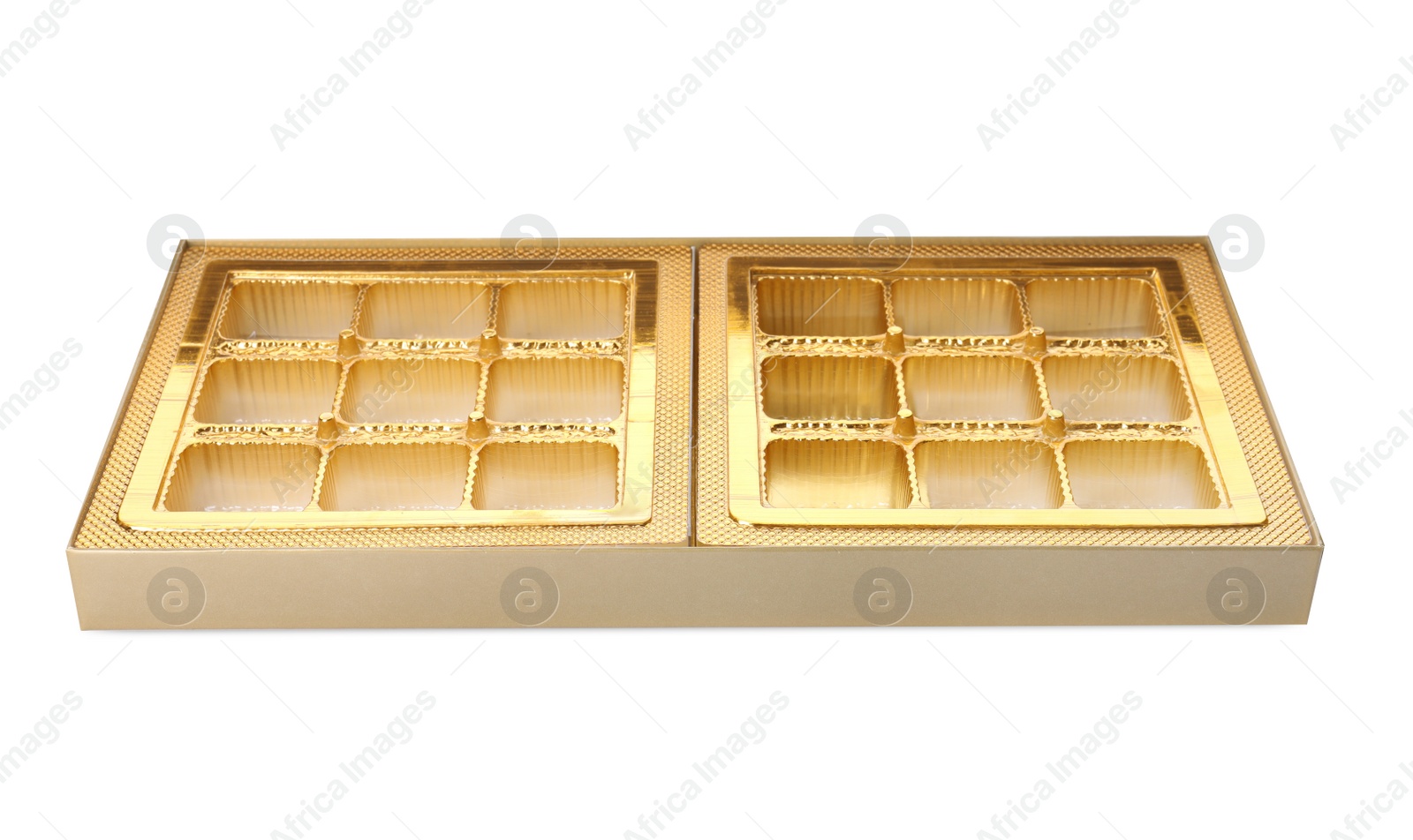 Photo of Empty box of chocolate candies isolated on white