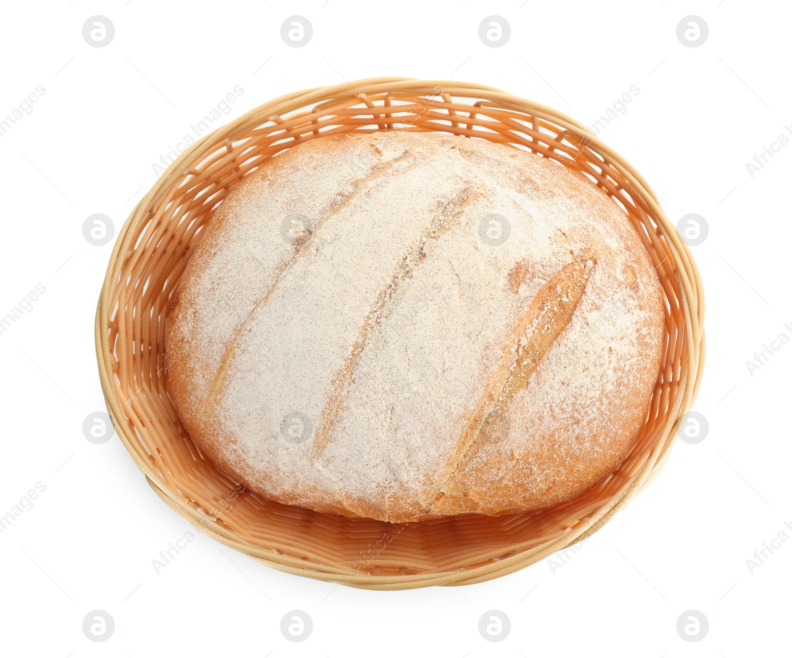 Photo of Wicker basket with fresh bread isolated on white, top view