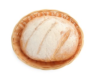 Wicker basket with fresh bread isolated on white, top view