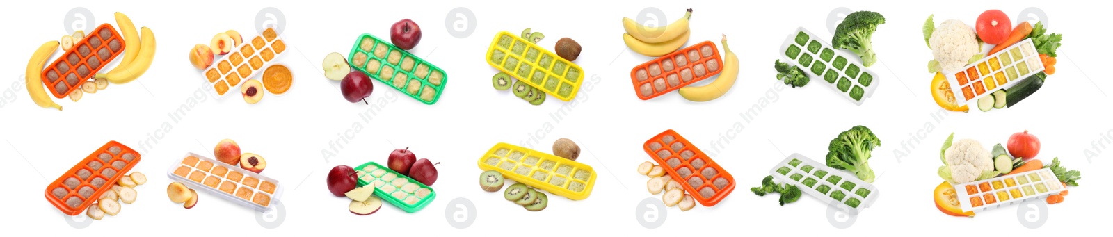 Image of Set with different frozen puree in ice cube trays and ingredients on white background, banner design