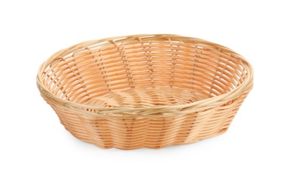 Photo of One empty wicker bread basket isolated on white