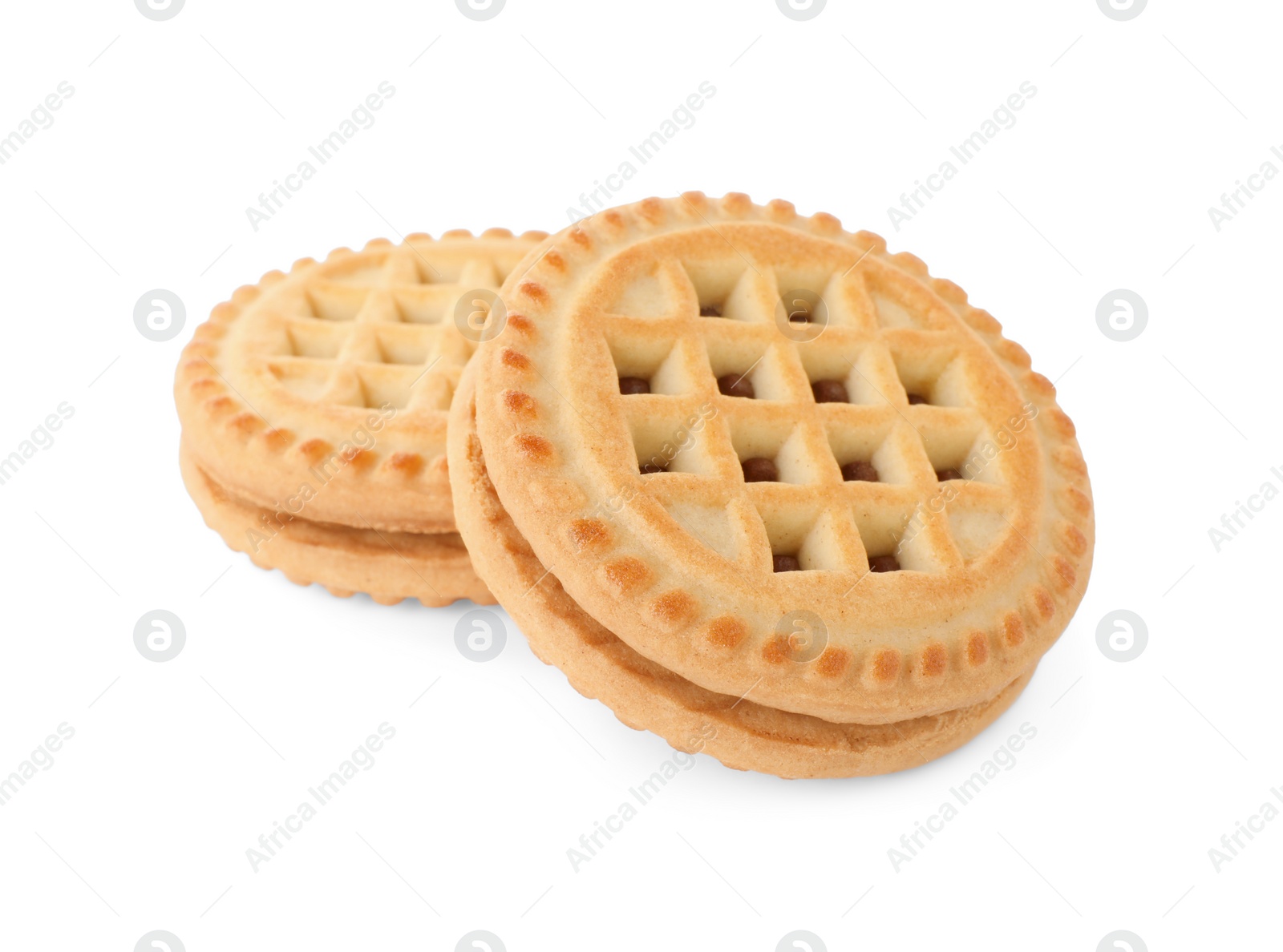 Photo of Tasty sandwich cookies with cream isolated on white