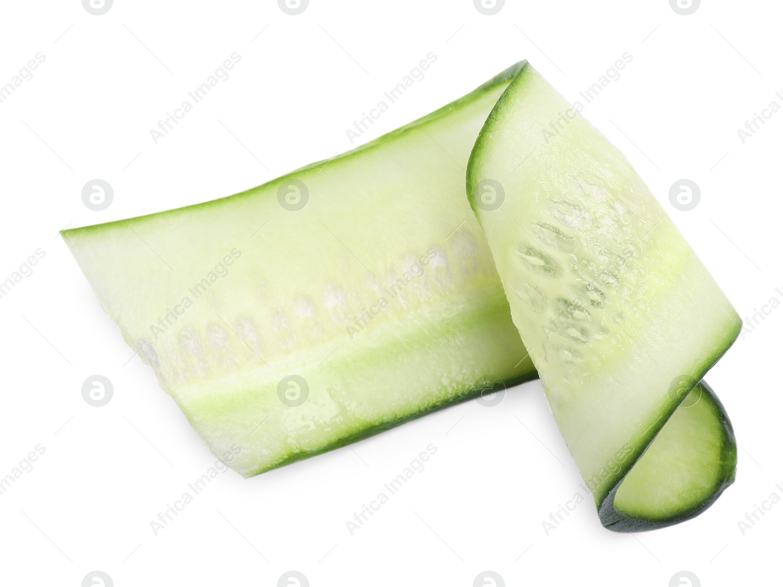 Photo of Slice of fresh cucumber isolated on white, top view