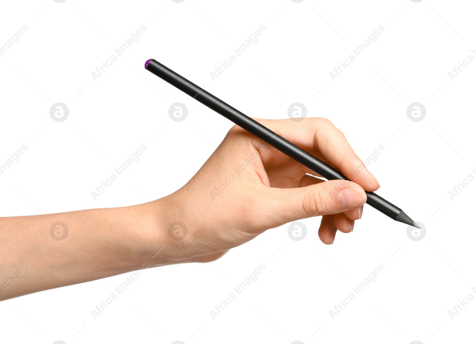 Photo of Young woman holding pencil on white background, closeup