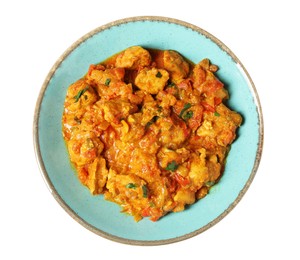 Photo of Delicious chicken curry isolated on white, top view