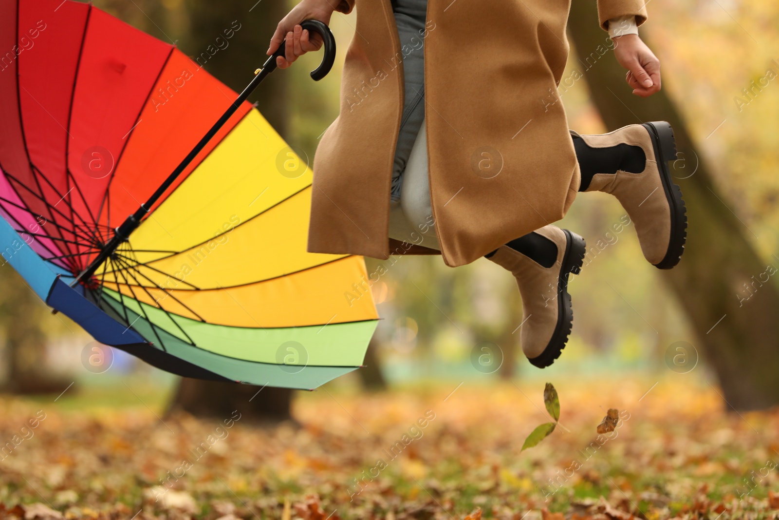 Photo of Woman with rainbow umbrella jumping in autumn park, closeup