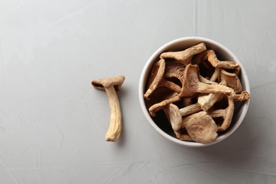 Photo of Bowl of dried mushrooms on color background, top view with space for text