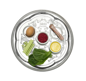 Passover Seder plate (keara) with symbolic meal isolated on white, top view. Pesah celebration