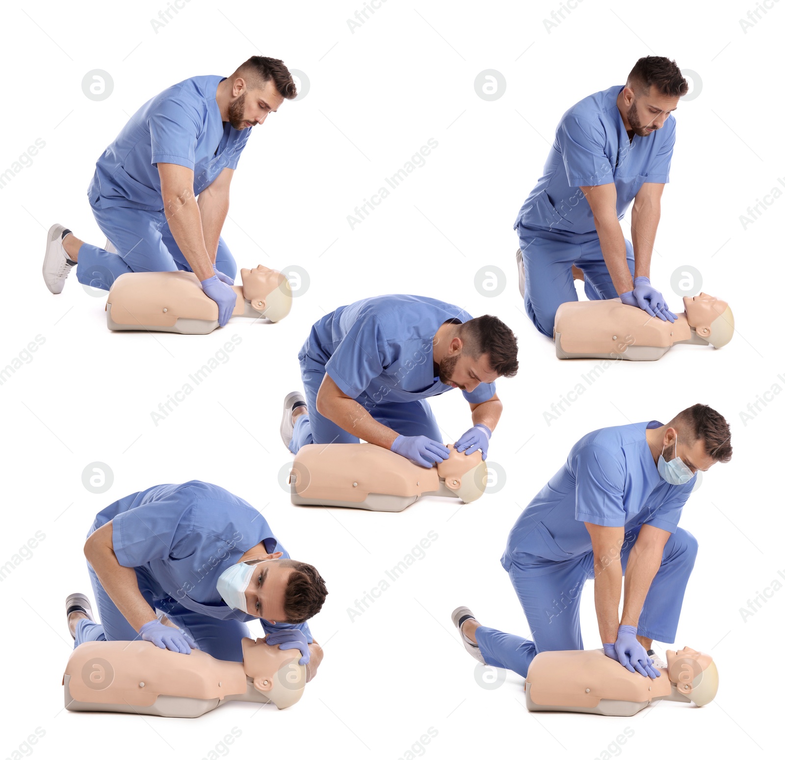 Image of Doctor practicing first aid on mannequin against white background, collage