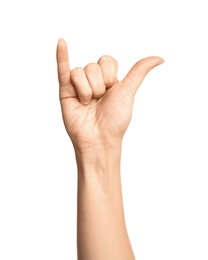 Photo of Woman showing Y letter on white background, closeup. Sign language
