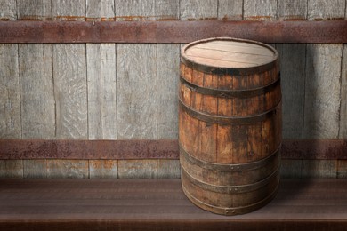 Image of One wooden barrel on shelf near textured wall. Space for text