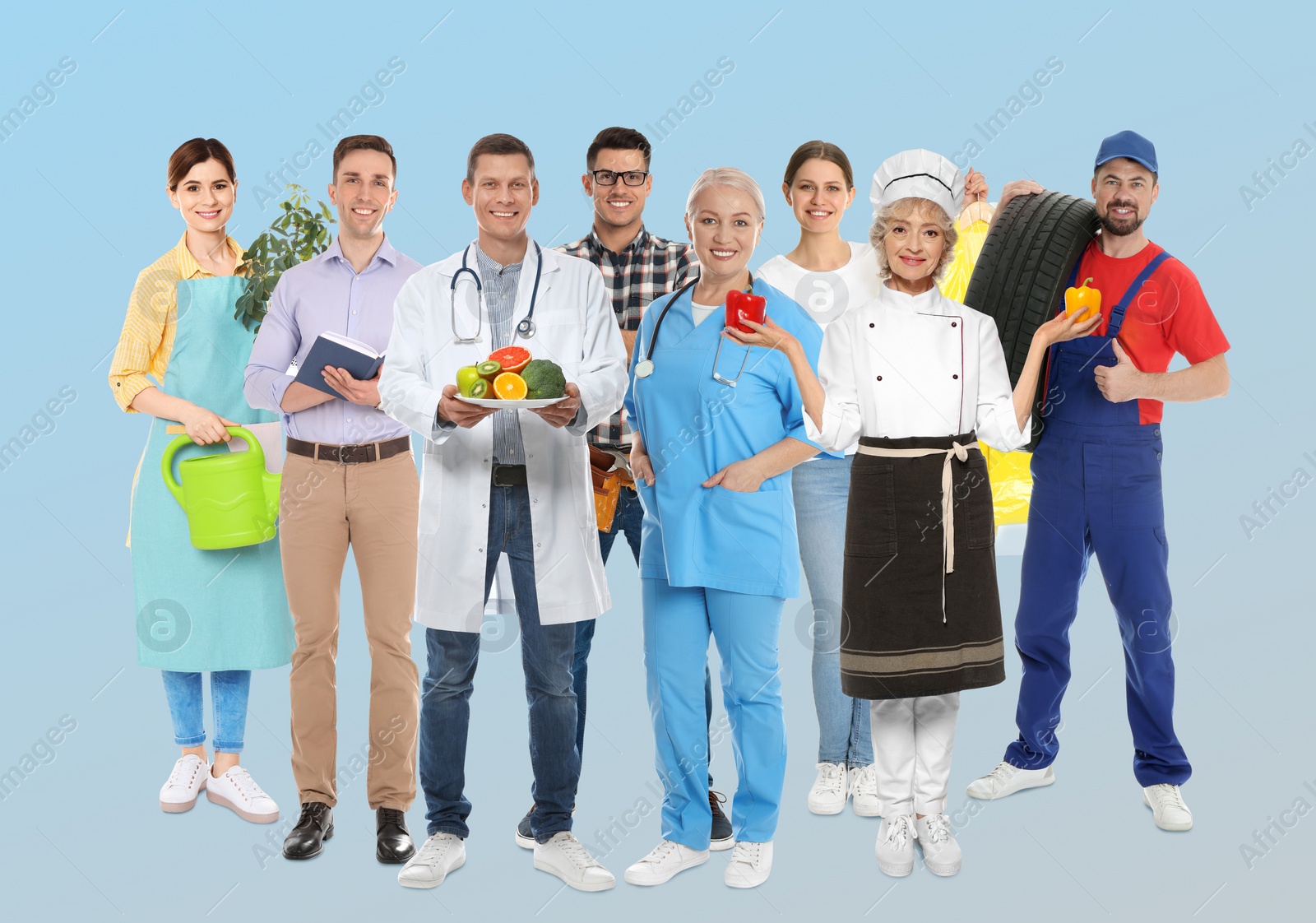 Image of Choosing profession. People of different occupations on light blue background