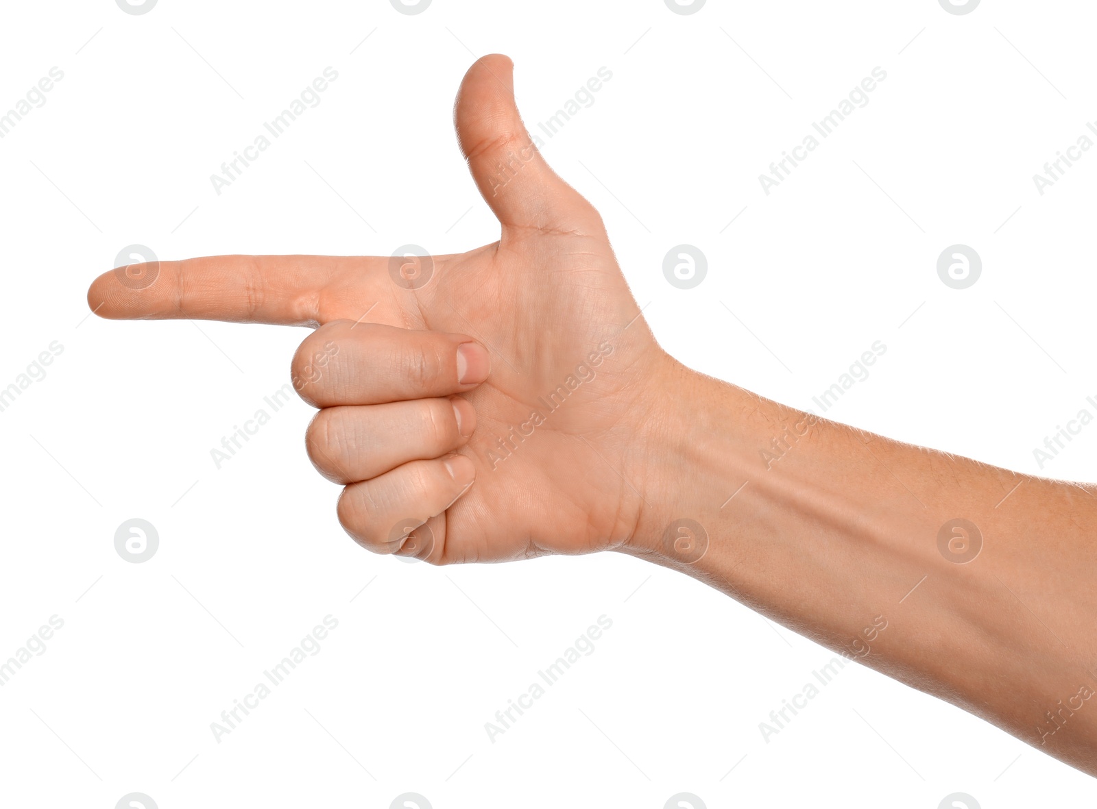 Photo of Man making frame with hand on white background, closeup