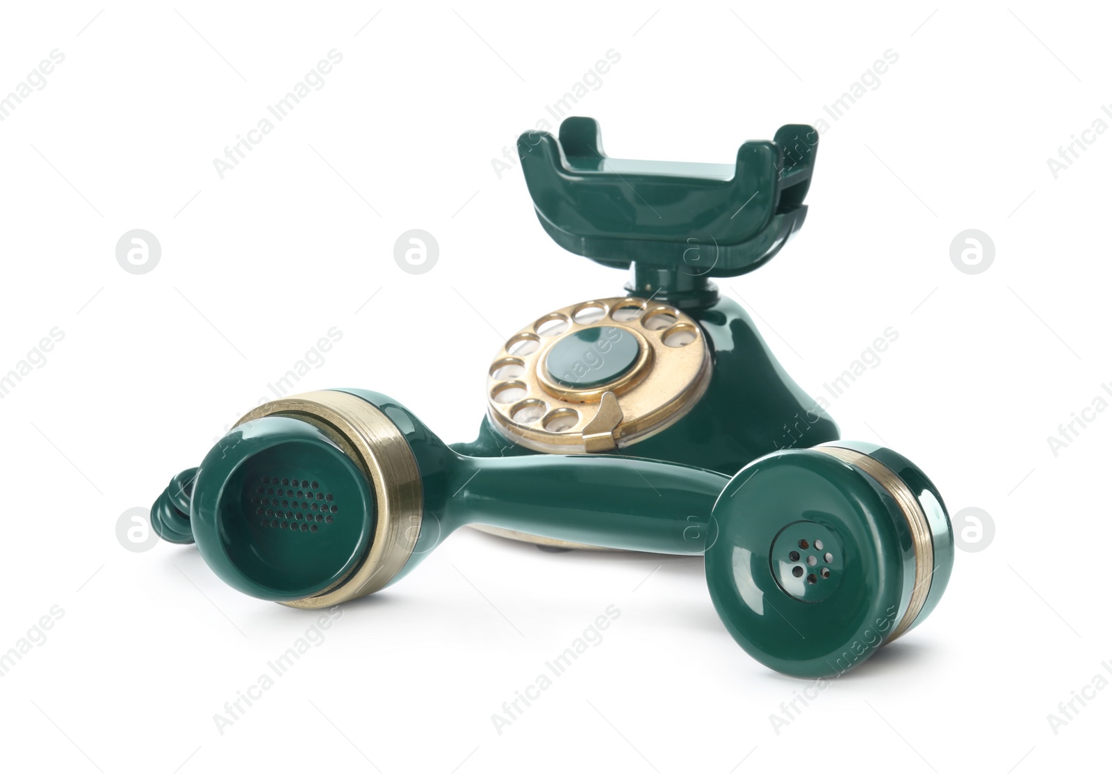 Photo of Elegant vintage green telephone isolated on white