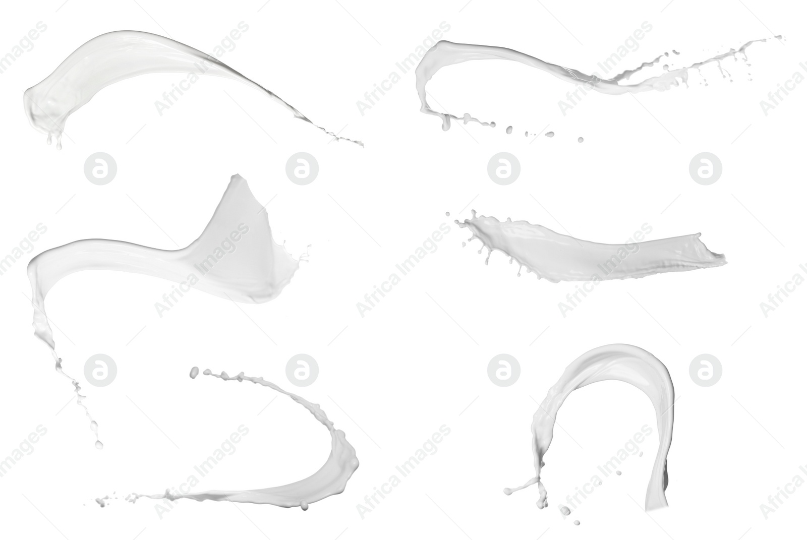 Image of Set with abstract splashes of milk on white background 