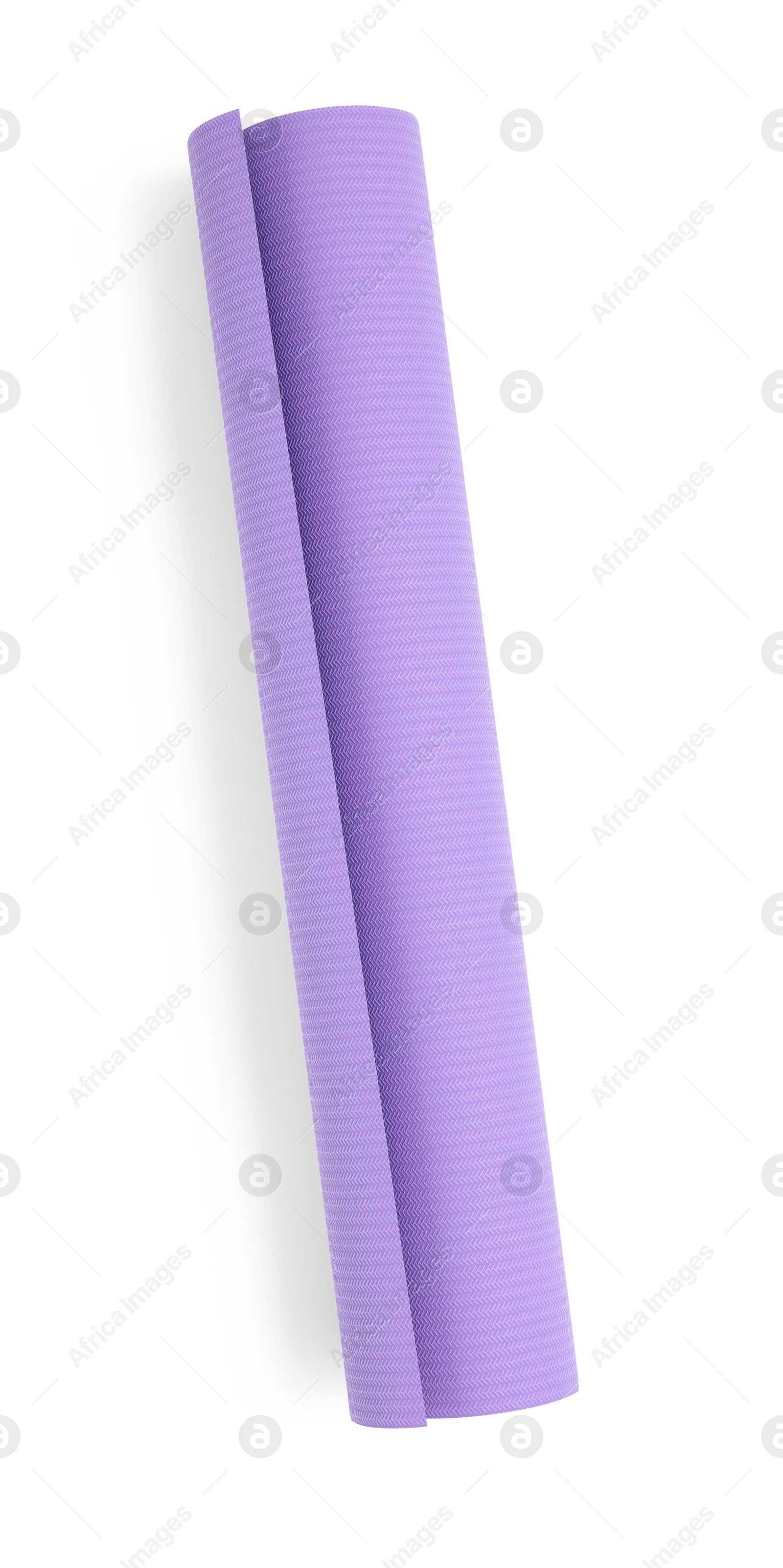 Photo of One violet wallpaper roll isolated on white, top view