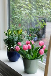 Photo of Beautiful bouquet with pink tulips and potted lily on white window sill indoors