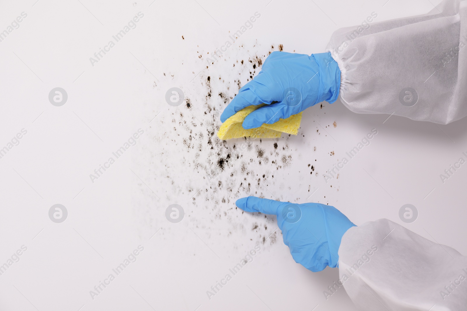 Image of Woman in protective suit and rubber gloves removing mold from wall with rag, closeup