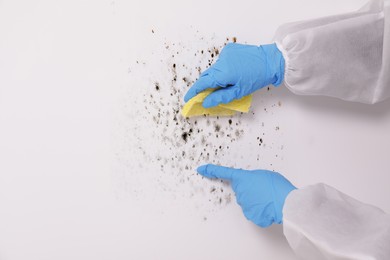 Image of Woman in protective suit and rubber gloves removing mold from wall with rag, closeup