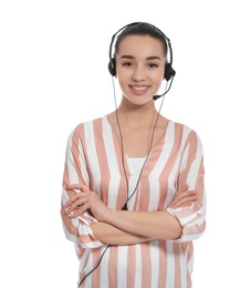 Technical support operator with headset on white background