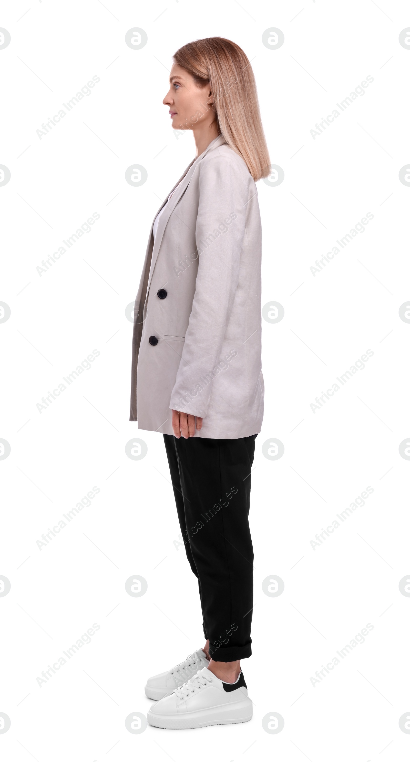 Photo of Full length portrait of beautiful businesswoman on white background