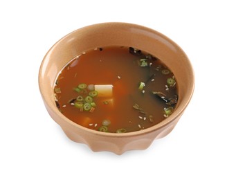 Bowl of delicious miso soup with tofu isolated on white