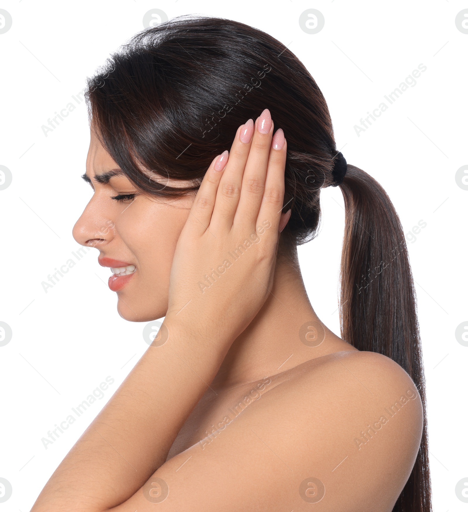 Photo of Young woman suffering from ear pain on white background