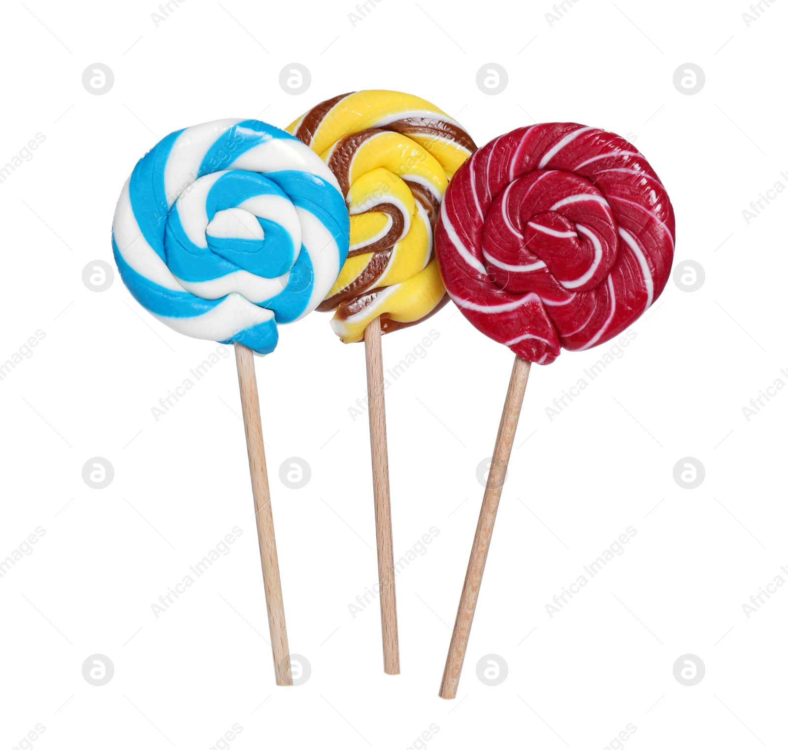 Photo of Sticks with colorful lollipops isolated on white