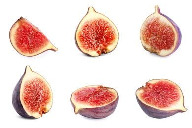 Image of Set of cut figs on white background