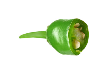 Photo of Piece of green hot chili pepper isolated on white