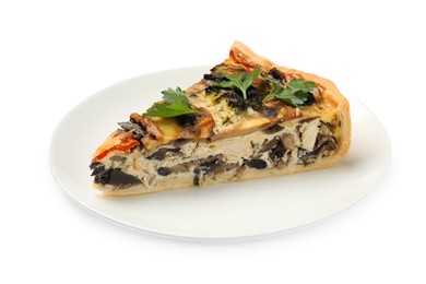 Photo of Piece of delicious quiche with mushrooms isolated on white