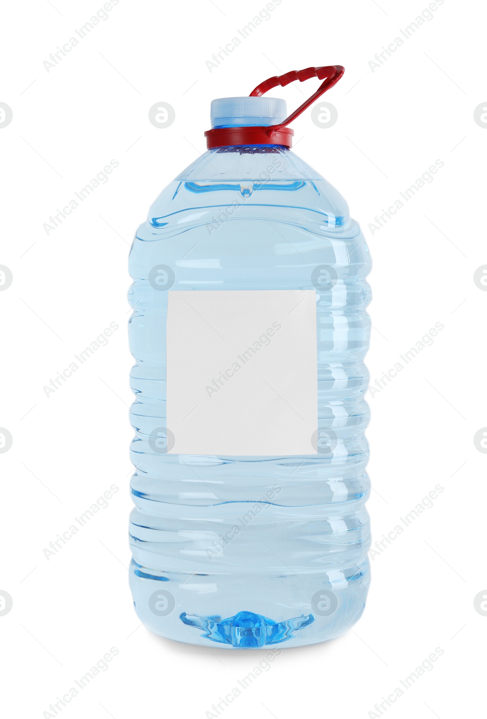 Photo of Large plastic bottle of pure water with blank tag on white background