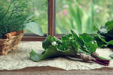 Photo of Different fresh green herbs on window sill indoors